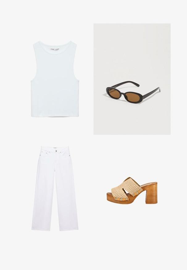 Crop top blanc sans manches avec col rond, en tissu lisse, étiqueté Pull&Bear, adapté pour un usage décontracté.; Jean blanc taille haute à jambes larges avec fermeture à boutons et zip, poches avant et arrière, et détails en rivets argentés.; Mule tressée beige avec talon plateforme en bois et accents de clous dorés le long de la garniture en cuir.; Lunettes de soleil avec des verres ovales marron, monture en plastique noir et branches fines. Texture lisse avec un design minimaliste.