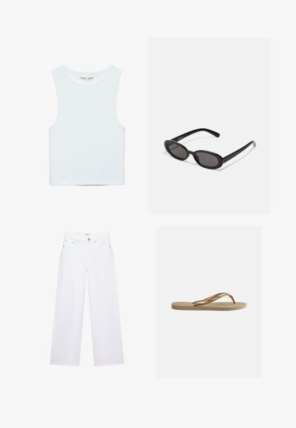 Witte mouwloze crop top met ronde hals, gemaakt van gladde stof, met Pull&Bear-label, geschikt voor casual wear.; Witte jeans met hoge taille en wijde pijpen, voorzien van knoop- en ritssluiting, voor- en achterzakken, en zilverkleurige klinknageldetails.; Beige teenslipper met gestructureerde zool en bronzen metalen Y-vormige banden op een witte effen achtergrond.; Even&Odd by Zalando Zonnebril - black