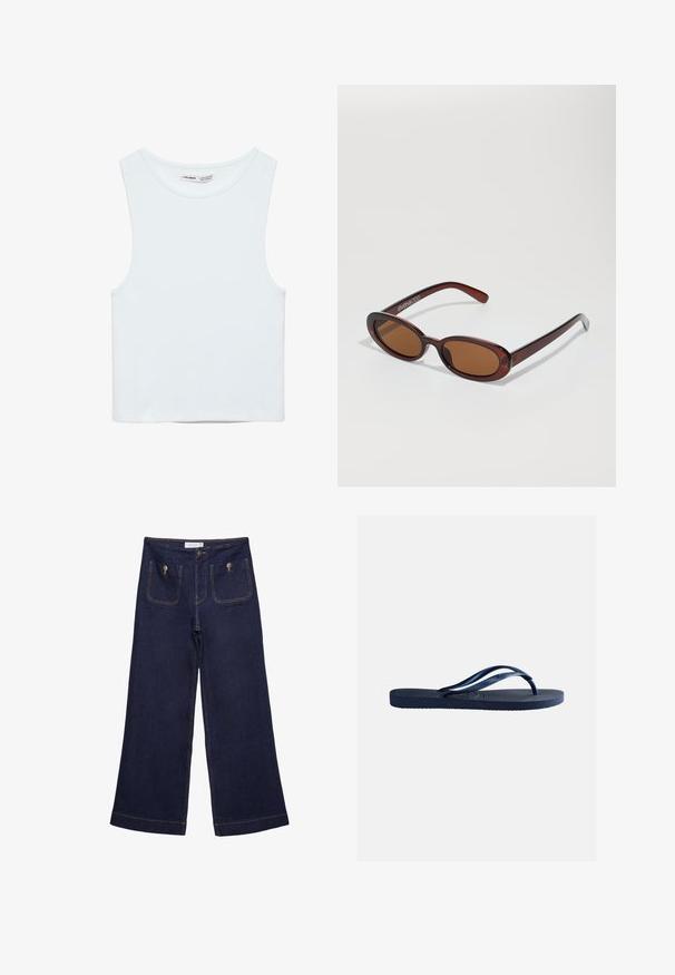 Biely bezrukávový crop top s okrúhlym výstrihom, vyrobený z hladkej látky, označený Pull&Bear, vhodný na bežné nosenie.; Tmavomodré rifle široké nohavice s vysokým pásom, predné nášivkové vrecká zabezpečené kovovými gombíkmi a viditeľnými švami.; Tmavomodré gumové žabky s textúrovanou podrážkou a Y-tvarovanými remienkami, izolované na jednoduchom svetlosivom pozadí.; Okrúhle slnečné okuliare s hnedým nádychom a lesklým burgundským rámom. Úzke ramená s jemným brandovaním. Plochej šošovky dizajn.