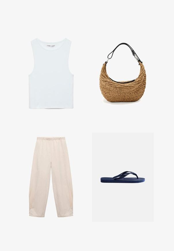 Witte mouwloze crop top met ronde hals, gemaakt van gladde stof, met Pull&Bear-label, geschikt voor casual wear.; Elastische taillebroek in lichtbeige. Gemaakt van zachte stof met zijzakken en een ontspannen, losse pasvorm. Afgemeten bij de enkel.; Marineblauwe rubberen teenslipper met een gestructureerde zool en Y-vormig bandje op een effen lichte achtergrond.; Gevlochten strohandtas in beige met een gebogen silhouet, voorzien van een zwarte leren band en zilverkleurige metalen accenten. Gestructureerde afwerking.