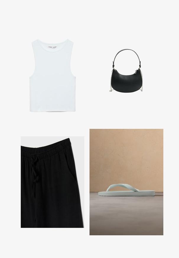 Hvid ærmeløs crop top med rund halsudskæring, lavet af glat stof, mærket Pull&Bear, egnet til afslappet brug.; Sorte bukser med elastisk talje og snøre, der har en afslappet pasform og sidelommer. Materialet ser blødt og let ud.; Enkel lysebeige gummiflipflop med tekstureret fodseng og Y-formet rem mod en ensfarvet grå baggrund.; Sort læder håndtaske med en buet silhuet, en kort justerbar rem og en kædeaccent. Har en lynlåslukning og en glat overflade.