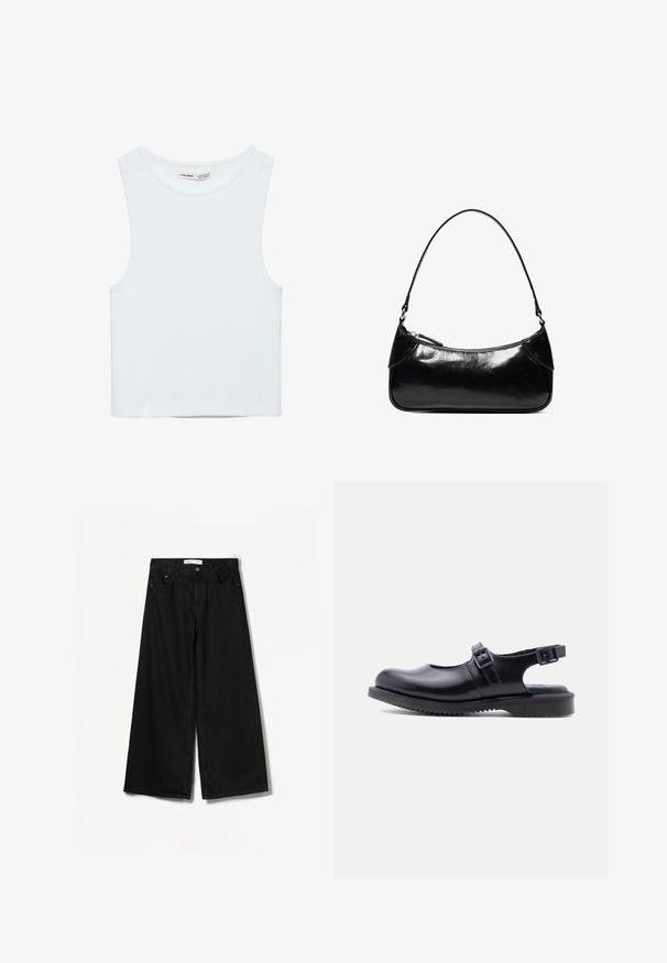 Biely bezrukávový crop top s okrúhlym výstrihom, vyrobený z hladkej látky, označený Pull&Bear, vhodný na bežné nosenie.; Čierne široké džínsy vyrobené z denimu. Majú vysoký pás, predné a zadné vrecká a strieborné kovanie na zapínaní na gombík a zips.; Čierna kožená obuv v štýle Mary Jane s dvoma nastaviteľnými prackami a hrubou, ryhovanou gumovou podrážkou.; Čierna lesklá kožená kabelka na rameno s jedným zapínateľným priehradkom na zips a tenkým remienkom zakriveným do oblúkového tvaru.