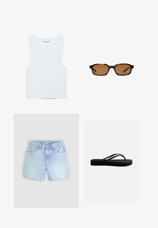 Hvid ærmeløs crop top med rund halsudskæring, lavet af glat stof, mærket Pull&Bear, egnet til afslappet brug.; Lysblå denimshorts med fem-pockets design, knaplukning og let fransede kanter. Stoffet har et blødt, textureret udseende.; Sort gummiflipflop med tekstureret sål og Y-formet rem, vist i sideprofil mod en ensartet lys baggrund.; Sorte rektangulære solbriller med tykke stel og brune tonede linser, vist forfra på en hvid baggrund.