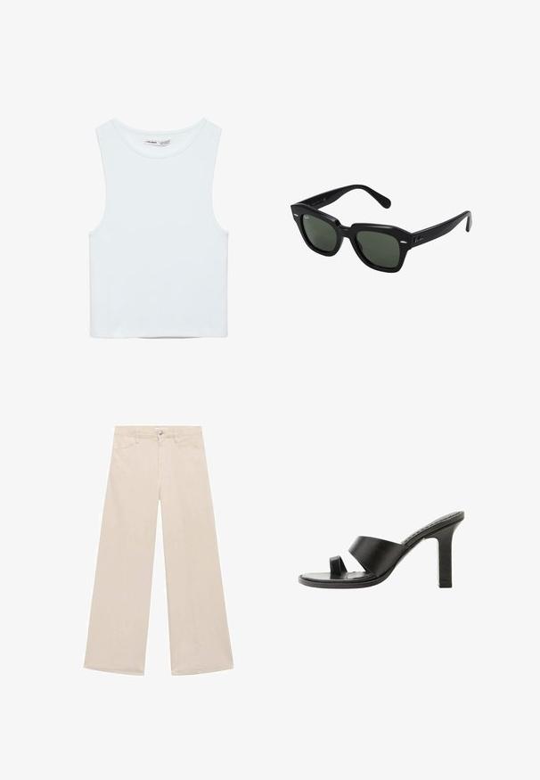 Biely bezrukávový crop top s okrúhlym výstrihom, vyrobený z hladkej látky, označený Pull&Bear, vhodný na bežné nosenie.; Béžové nohavice s širokým strihom vyrobené z bavlnenej zmesi. Obsahujú predné vrecká a jediný metalový gombík na zapínanie v páse. Hladká štruktúra.; Čierna sandála na vysokom opätku so širokým remienkom cez chodidlo a očkom na prst, zobrazená z boku na bielom pozadí.; Čierne slnečné okuliare štvorcového tvaru s tmavozelenými sklami, s výraznými rámami a striebornými akcentmi po stranách. Vyrobené v Taliansku.