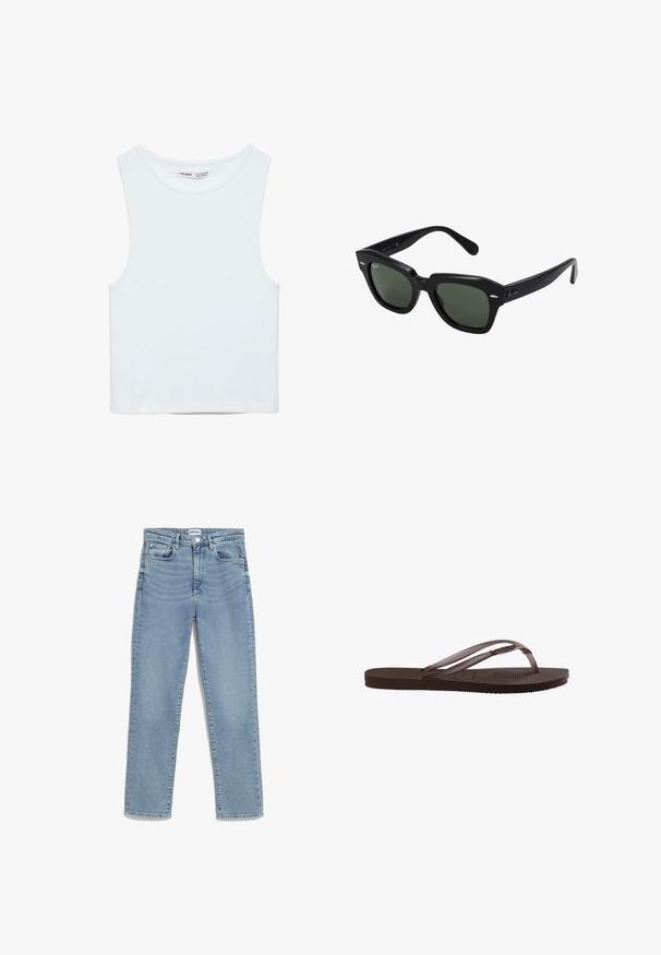 Witte mouwloze crop top met ronde hals, gemaakt van gladde stof, met Pull&Bear-label, geschikt voor casual wear.; Lichtblauwe jeans met een recht model, vijf-pocket ontwerp, sluiting met een voorknoop en subtiele vervaging op de bovenbenen. Klassieke denimtextuur.; Bruine rubberen teenslipper met een gestructureerde zool en dunne bandjes met een klein decoratief metalen detail aan de zijkant.; Zwarte vierkante zonnebril met donker groene lenzen, uitgerust met gedurfde monturen en zilveren accenten aan de zijkanten. Gemaakt in Italië.