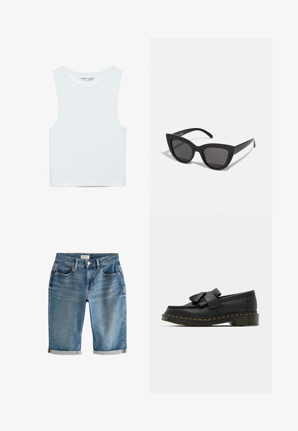 Hvid ærmeløs crop top med rund halsudskæring, lavet af glat stof, mærket Pull&Bear, egnet til afslappet brug.; Blå denim knæ-lange shorts med en opsmøgning, fem lommer og lukning med metalknap. Stof har et let falmet udseende.; Sorte læder loafers med rund tå, der har frynse detaljer og et dekorativt bånd på tværs af fronten, sat på en kraftig hæl.; Sorte cat-eye solbriller med mat finish, der har grå tonede linser, skarpe vinkler og slanke sidearme. Mærkenavnet er synligt på den indre arm.