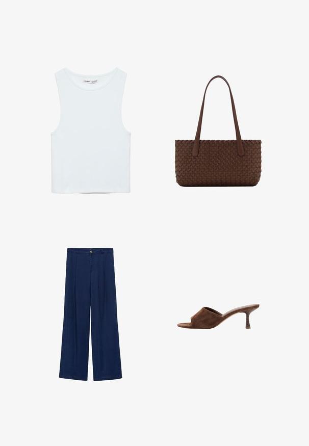 Biely bezrukávový crop top s okrúhlym výstrihom, vyrobený z hladkej látky, označený Pull&Bear, vhodný na bežné nosenie.; Námořnické modré kalhoty s širokými nohavicemi, které mají zapínání na knoflík, dva přední záhyby a hladkou texturu. Materiál vypadá lehce a prodyšně.; Hnedý semišový mule s otvorenou špičkou, stredne vysokým zahnutým dreveným podpätkom a slip-on dizajnom na bielom pozadí.; Hnedá kožená kabelka s tkaným vzorom textúry, s dvoma dlhými, úzkymi rukoväťami na nosenie cez rameno.