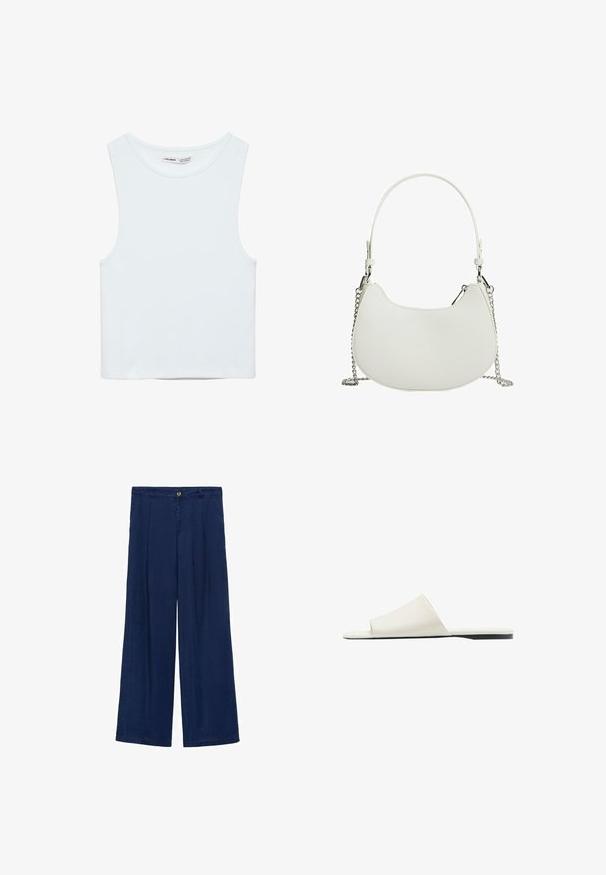 Biely bezrukávový crop top s okrúhlym výstrihom, vyrobený z hladkej látky, označený Pull&Bear, vhodný na bežné nosenie.; Námořnické modré kalhoty s širokými nohavicemi, které mají zapínání na knoflík, dva přední záhyby a hladkou texturu. Materiál vypadá lehce a prodyšně.; Biely šľapák s jedným širokým remienkom a plochou podrážkou, zobrazený z boku na bielom pozadí.; Biela syntetická kabelka s zakriveným tvarom, ktorá má reťazový popruh a minimalistický dizajn. Hladký povrch s akcentmi z strieborného kovu.
