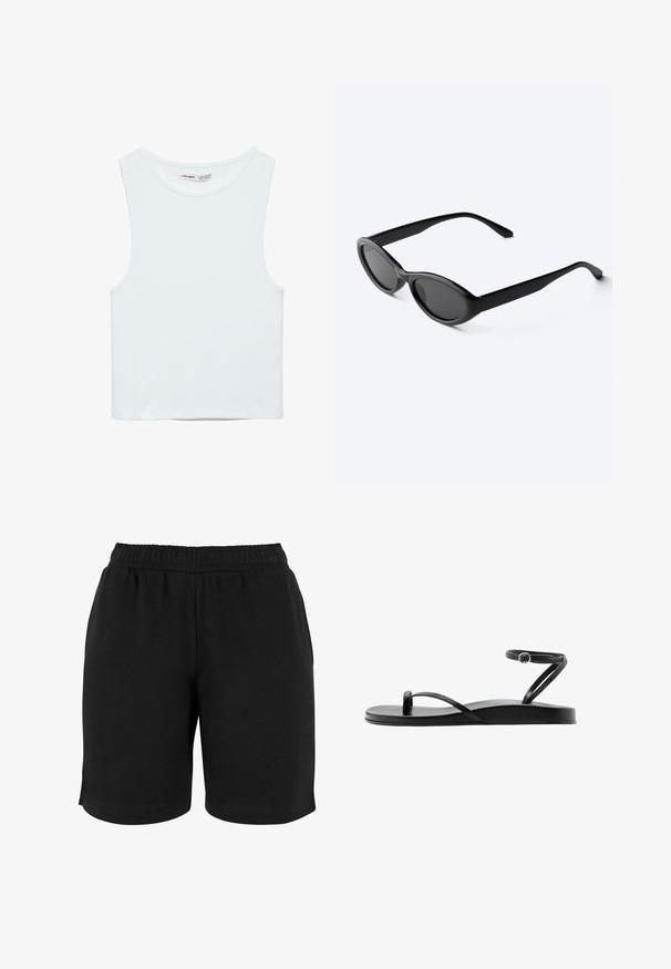 Hvid ærmeløs crop top med rund halsudskæring, lavet af glat stof, mærket Pull&Bear, egnet til afslappet brug.; Sorte bomulds shorts med elastisk talje, der har en glat tekstur og en simpel pasform. Ingen lommer eller udsmykninger er synlige.; Sort flad sandal med tynde remme, tåloop og anklerem med en lille rund spænde, vist i sideprofil.; Slanke sorte ovale solbriller med mørke linser og lige arme, hvilende på en hvid overflade.