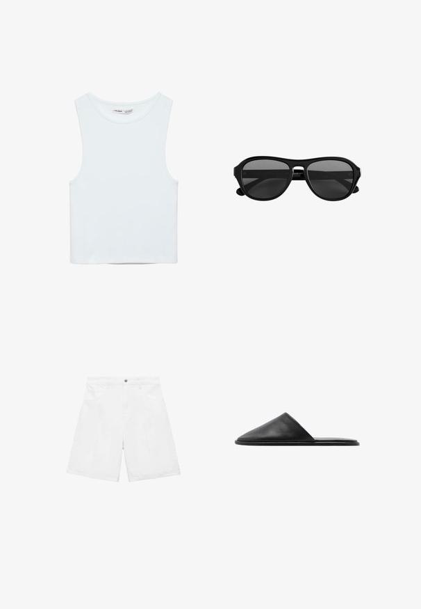Hvid ærmeløs crop top med rund halsudskæring, lavet af glat stof, mærket Pull&Bear, egnet til afslappet brug.; Hvide denim shorts med lige pasform, der har to forreste lommer, knaplukning og diskrete syninger.; Sorte læder slidesandaler med spids tå og minimalistisk design. Glat tekstur med flad sål og ingen synlig hardware.; Solbriller med sort plaststel, mørke tonede glas og en smal bro, vist forfra på en hvid baggrund.