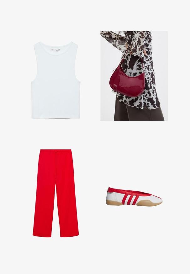 Crop top blanc sans manches avec col rond, en tissu lisse, étiqueté Pull&Bear, adapté pour un usage décontracté.; Pantalons de survêtement larges rouges en tissu doux, dotés d'une taille élastique et d'un cordon de serrage, avec deux poches latérales pour plus de commodité.; Chaussure plate rouge et blanche avec un bout arrondi, fabriquée en matériau synthétique lisse. Dotée de trois bandes rouges et d'une semelle en caoutchouc couleur tan.; Femme portant un chemisier à motif noir et blanc tenant un sac à main rouge brillant sur un fond uni.