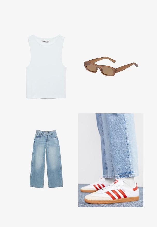 Hvid ærmeløs crop top med rund halsudskæring, lavet af glat stof, mærket Pull&Bear, egnet til afslappet brug.; Lyseblå jeans med vide ben, høj talje, forlommer, bæltestropper og et tyndt justerbart snørebånd som bælte.; Hvide lædersneakers med røde striber og accenter. Har en tekstureret gummisål og polstret krave. Bæres med lyseblå denim.; Brune, rektangulære solbriller med en gennemsigtig ramme, slanke tempelstænger og tonede linser, der har en glat tekstur og et moderne design.