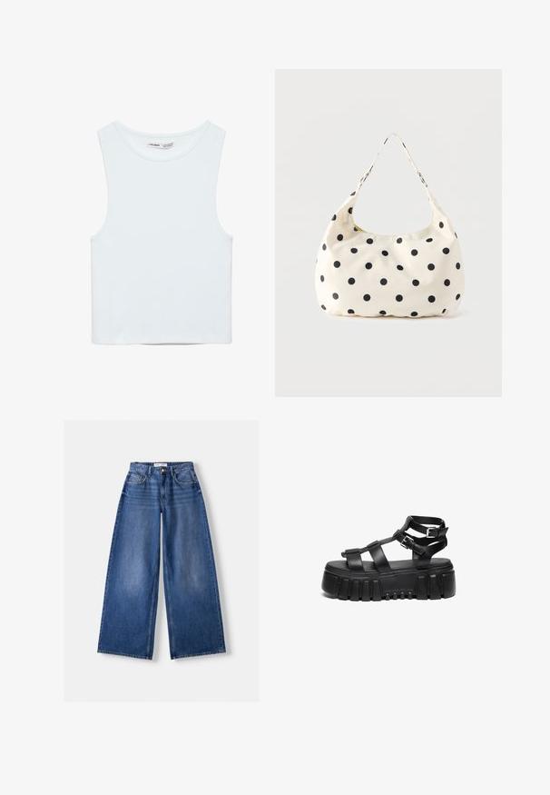 Hvid ærmeløs crop top med rund halsudskæring, lavet af glat stof, mærket Pull&Bear, egnet til afslappet brug.; Bredbenet blå denimjeans med forlommer, bæltestropper og knaplukning, lagt fladt på en lys baggrund.; Sorte platform sandaler har lagdelte stropper og spænde detaljer, med en chunky, struktureret sål og et glat fodsengdesign.; Håndtaske i cremefarvet stof med sorte polkaprikker og en enkelt skulderrem, vist mod en ensfarvet hvid baggrund.