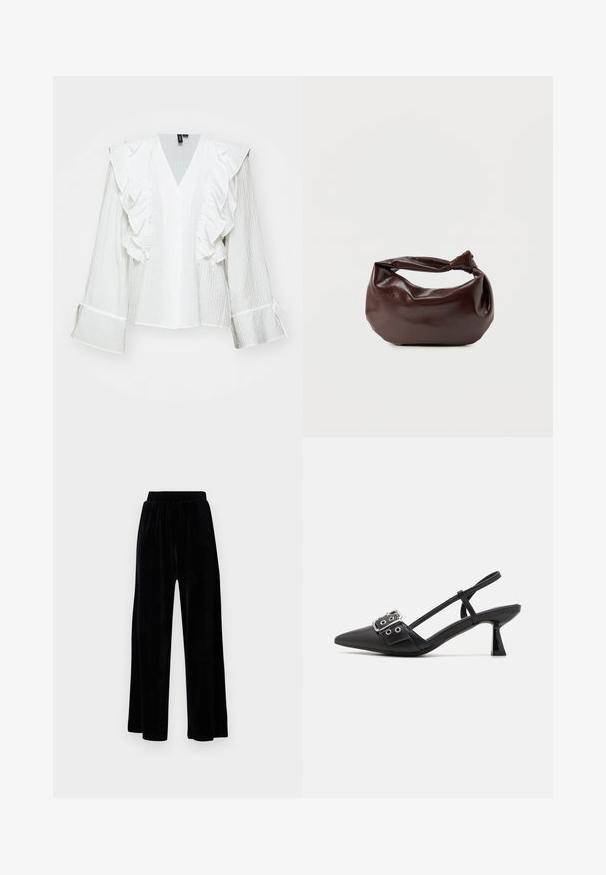 Witte blouse met ruches aan de mouwen en een diepe V-hals. Gemaakt van gestructureerde stof, met een iets cropped ontwerp en strikaccenten.; Zwarte, broek met wijd uitlopende pijpen gemaakt van zacht fluweel. Heeft een elastische tailleband en een gladde textuur, geschikt voor ontspannen draagcomfort.; Simmi London DALA - Klassieke pumps - black; Donkerbruine leren schoudertas met een zachte, slungelige vorm en een gedraaide knoopvormige handgreep op een effen witte achtergrond.