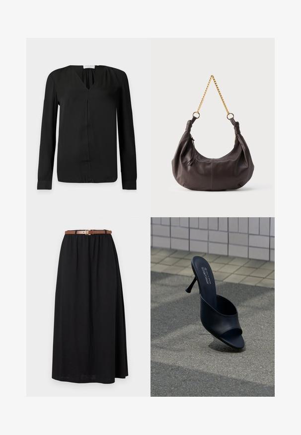 Blouse noire manches longues avec un col en V et un détail subtilement froncé au niveau du col, affichant un design minimaliste sur un fond uni.; Jupe longue noire en tissu doux, dotée d'une taille élastique et d'une ceinture marron avec une boucle dorée en accent à la taille.; Mule noire à bout ouvert avec un talon haut et fin, posée sur de l'asphalte près d'un mur carrelé de beige, avec un texte imprimé sur la semelle intérieure indiquant la marque et le matériau vegan.; Sac à bandoulière en cuir marron foncé doux avec des extrémités nouées et une courte chaîne dorée, sur un fond clair uni.
