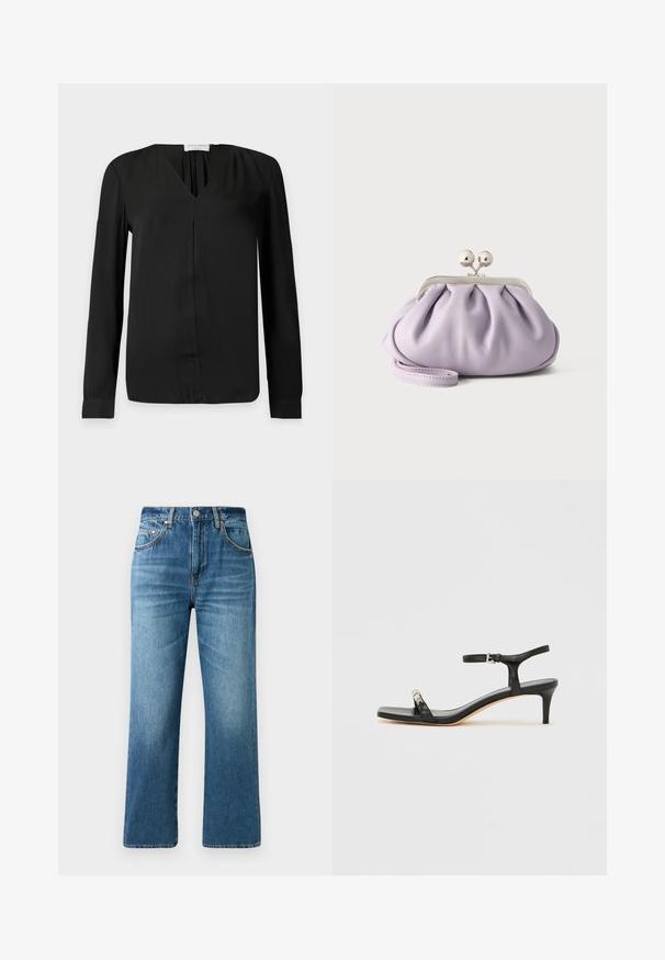Schwarze Langarmbluse mit V-Ausschnitt und dezentem gerafftem Detail am Kragen, die ein minimalistisches Design vor schlichter Hintergrund zeigt.; Hellblaue Jeans aus Denim mit geradem Bein, Fünf-Taschen-Stil und subtilen Ausbleichungen. Mit klassischem Knopfverschluss und Akzenten in der Nähte.; Schwarze Leder-Sandale mit Absatz und Knöchelriemen, offenem Zehenbereich, quadratischer Vorderseite und silbernen Metallakzenten. Eng anliegendes Design mit schlanker Silhouette.; Weiche Lavendel-Clutch mit gerafftem Stoff, silbernem Kiss-Lock-Verschluss und passendem Handgelenksriemen auf hellem einfarbigem Hintergrund.