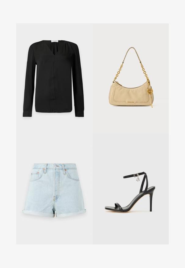 Blouse noire manches longues avec un col en V et un détail subtilement froncé au niveau du col, affichant un design minimaliste sur un fond uni.; Shorts en denim bleu clair à taille haute, avec des ourlets retroussés, des rivets en cuivre et une fermeture éclair à l'avant. Présente un style classique à cinq poches.; Sandale à talon haut noire avec une bride étroite à la cheville, bout carré, cuir lisse et accent de boucle métallique.; Sac à épaule en cuir beige avec bords tressés, bandoulière chaîne dorée et pendentif circulaire doré aux initiales MK.