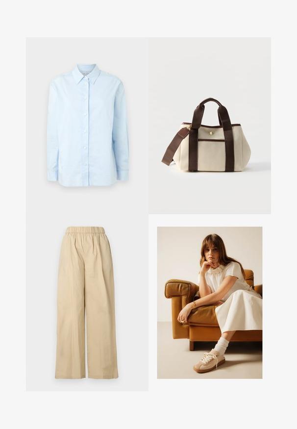Samsøe Samsøe SANOS SHIRT - Skjortebluser - skyway; Beige bukser med vidde ben, elastisk talje, fladt forstykke og blød stofstruktur. Har et løstsiddende design for komfort.; Kvinde med brunt hår iført en hvid strikket top, hvid nederdel og beige sneakers, sidder i en brun læderlænestol og hviler hagen på sin hånd.; Kremfarvet stofhåndtaske med mørkebrune håndtag, skulderrem og kant, med en frontlomme med guldknapdetalje.