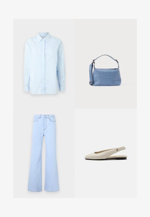 Samsøe Samsøe SANOS SHIRT - Skjortebluser - skyway; Lyseblå flagrende jeans med høj talje, der har fem lommer, knaplukning og en glat denimstruktur. Kanten er pænt syet.; Flatsko i cremefarvet læder med rundet tå og lille guldemblem på remmen.; Lyseblå taske med krokodillepræg, kort håndtag og aftagelig skulderrem. Glat tekstur med lynlås.