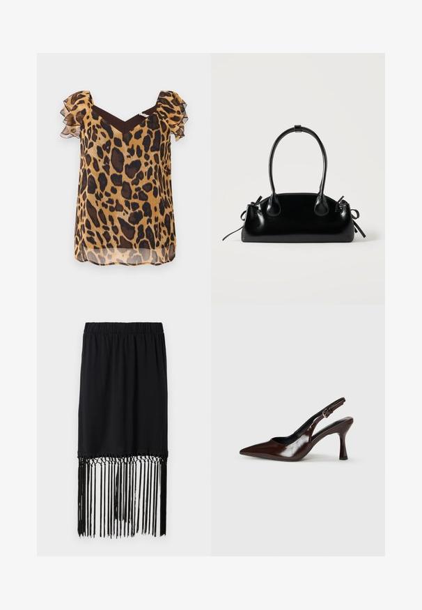 Blusa de estampado de leopardo en tejido transparente, con mangas cortas acampanadas, escote en V y un detalle marrón en los hombros.; Falda negra con cintura elástica y dobladillo con flecos. Los flecos están hechos de hilos finos, aportando textura y detalle al diseño.; Zapatos de tacón slingback de charol marrón con punta afilada, tacón delgado y correa ajustable con una pequeña hebilla.; Pequeño bolso negro brillante con dos asas largas y detalles de cordón lateral sobre un fondo claro liso.