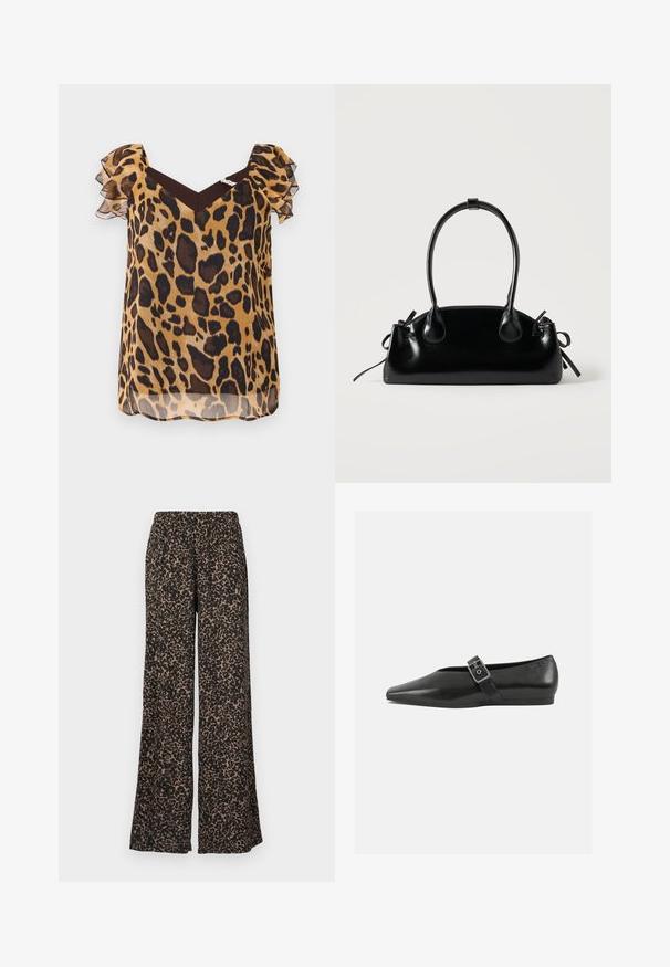 Bluse med leopardmønster i gennemsigtig stof, med korte flæseærmer, V-udskæring og en brun detalje ved skuldrene.; Bukser med vide ben med leopardprint i jordfarver af brun og sort, lavet af et blødt, let stof med en elastisk talje.; Sorte læder flade sko med spidse tæer, prydet med en metallisk spænde over vristen og en lav, fleksibel sål.; Lille sort blank håndtaske med to lange håndtag og snøre-detaljer i siden på en ensfarvet lys baggrund.