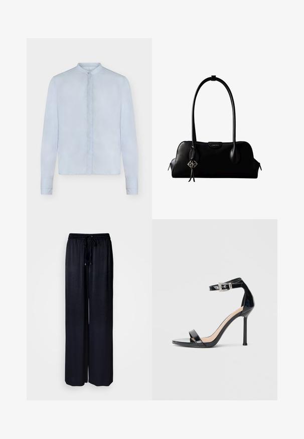 Blouse femme bleu clair à manches longues avec col mao et patte de boutonnage cachée, vue de face sur fond blanc.; Pantalon noir à jambes larges en tissu léger avec taille élastique et cordon de serrage ajustable. Texture lisse sans motifs visibles.; Sandale à talon haut en cuir verni noir avec bride à la cheville. Présente un design minimaliste, un bout ouvert et une boucle ornée de strass.; Sac à main en cuir noir Calvin Klein avec de longues anses, une étiquette logo à l'avant et un charme géométrique argenté suspendu à une anse.