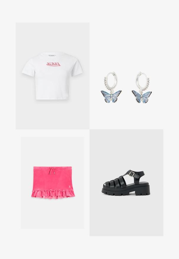 Wit kort T-shirt met rode "Von Dutch" logo in het midden van de borst op een effen achtergrond.; Roze fluwelen rok met gerimpelde zoom, koord taille en zilveren accenten. Gladde textuur met een casual ontwerp.; Zwarte grove platformzandalen met meerdere bandjes, open teen, enkelbandje en zilveren gesp op een lichtgrijze achtergrond.; Zilveren creolen met blauwe vlinderbedels en zwarte accenten. De creolen zijn voorzien van een rij heldere strass steentjes aan de voorkant.