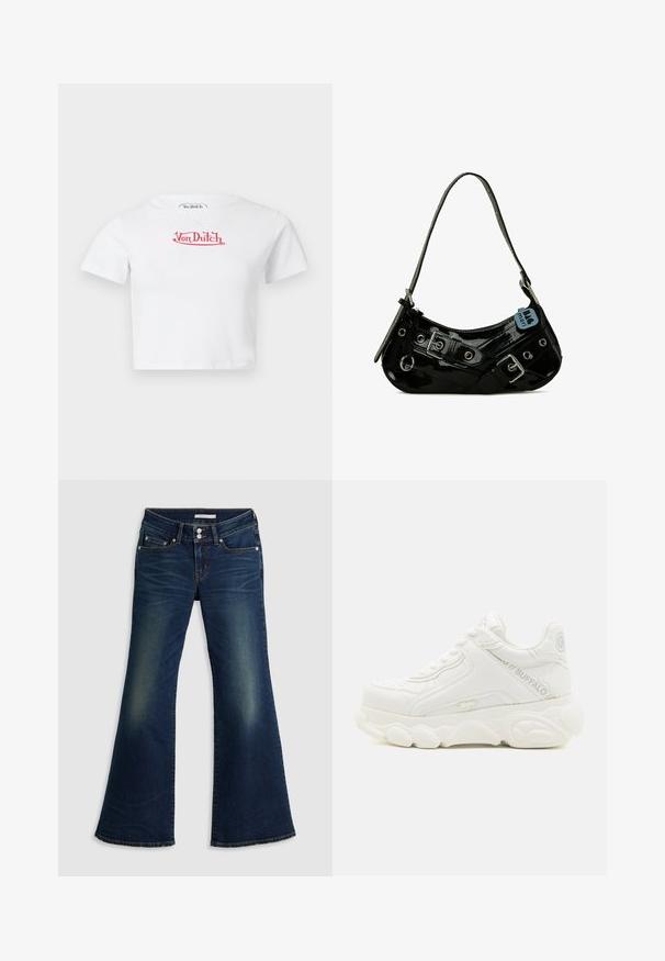 T-shirt blanc court à manches courtes avec logo rouge "Von Dutch" centré sur la poitrine sur fond uni.; Jean flare super bas en denim bleu foncé avec poches avant et arrière, fermeture à double bouton et détails décolorés sur les cuisses et les genoux.; Basket blanche épaisse avec semelle épaisse, design à lacets, et marquage "Buffalo" sur le côté et le talon.; Sac à main en cuir verni noir avec une forme incurvée, présentant des ferrures en argent, des boucles décoratives et une bandoulière courte. Étiquette bleue attachée.