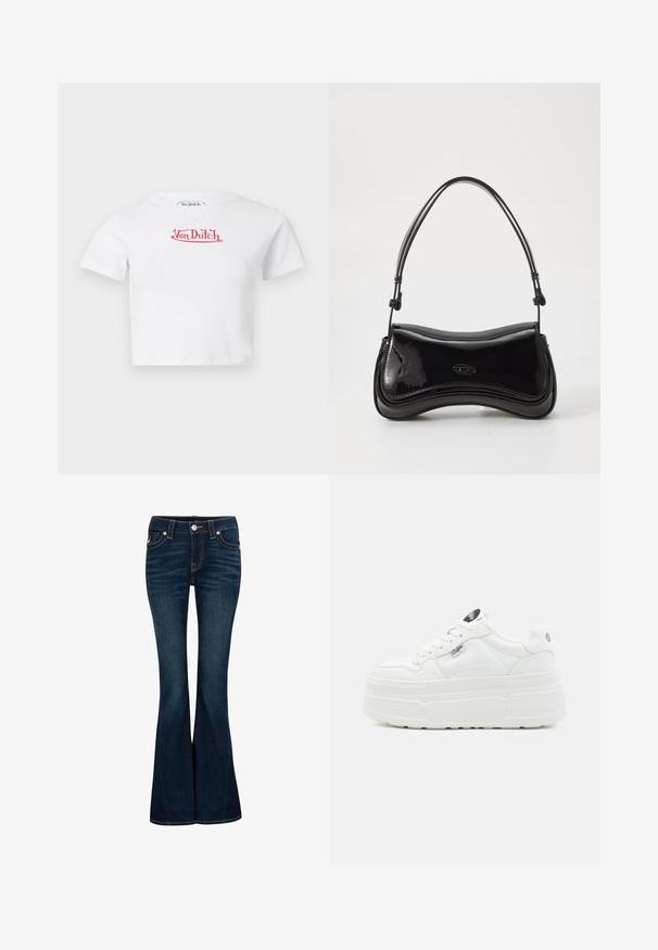 Wit kort T-shirt met rode "Von Dutch" logo in het midden van de borst op een effen achtergrond.; True Religion Flared Jeans - indigo upgrade; Witte platform sneakers met een glad synthetisch buitenkant, ronde neus, gewatteerde kraag en textuurzool. Bevat een contrasterend logo label.; Zwarte laarzen van patentleer met een gebogen vorm, een enkele handgreep en een ronde bodem. Beschikt over een subtiele logodetail aan de voorkant.