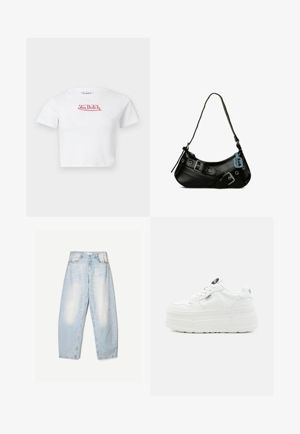 Weißes kurzärmeliges T-Shirt mit rotem "Von Dutch"-Logo in der Mitte der Brust vor einfachem Hintergrund.; Hellblaue Jeans aus Denim mit lockerer Passform, im ausgewaschenen Finish, zwei Fronttaschen und einem Knopfverschluss am Bund.; Weiße Plattform-Sneaker mit einer glatten synthetischen Oberfläche, rundem Zehenbereich, gepolstertem Kragen und strukturiertem Profil. Mit einem kontrastierenden Logo-Tag.; Schwarze synthetische Handtasche mit geschwungener Form, verstellbarem Riemen und dekorativen Metall-Schnallen. Besitzt eine glatte, glänzende Textur.