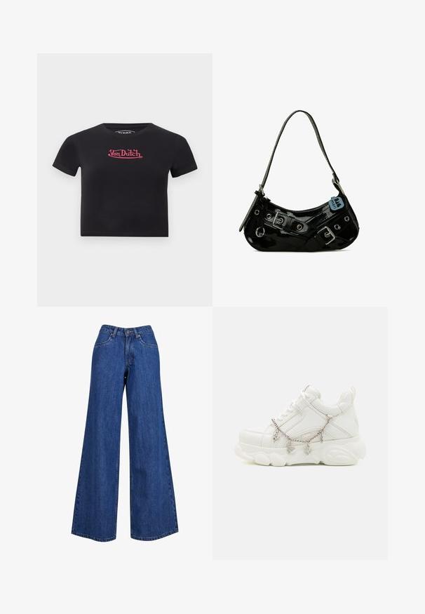 Schwarzes, kurzärmeliges T-Shirt mit pinkem „Von Dutch“-Logo mittig auf der Brust, vor einem schlichten hellen Hintergrund gezeigt.; Weite Jeans aus Denim in mittelblau, mit hoher Taille, kontrastierenden Nähten und klassischem Fünf-Taschen-Design.; Weiße Sneakers mit dicker Sohle, strukturiertem Obermaterial aus Leder und dekorativer Metallkette mit Anhängern. Sie verfügen über eine Schnürung und einen gepolsterten Kragen.; Schwarze Lackleder-Handtasche mit geschwungener Form, ausgestattet mit silbernem Beschlag, dekorativen Schnallen und einem kurzen Griff. Blaue Anhängeschild befestigt.