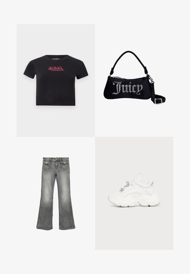 T-shirt court noir à manches courtes avec logo rose « Von Dutch » centré sur la poitrine, présenté sur un fond clair uni.; Jean flare en denim gris avec un délavage, design à cinq poches et ferrures de couleur or contrastante. Taille droite avec fermeture à bouton.; Baskets blanches épaisses avec semelle épaisse, devant à lacets, décorations en étoile argentée et perles sur les lacets et la languette du talon.; Sac à épaule en velours noir avec "Juicy" écrit en strass, doté d'une poignée courte et d'une sangle amovible et réglable avec boucle en argent.