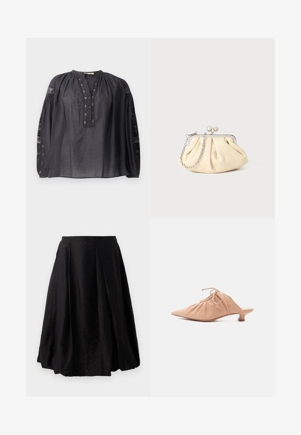 Blouse noire à manches longues en tissu léger, avec une patte de boutonnage devant, un col plissé et des accents en dentelle sur les manches.; Jupe plissée noire en tissu léger et texturé. Forme évasée avec une longueur mi-mollet et fermeture éclair sur le côté. Pas de motifs visibles.; Mule pour femme en cuir beige avec bout pointu, dessus froncé, lien de serrage et petit talon kitten, sur fond blanc.; Pochette en cuir beige plissé avec un cadre en métal argenté, dotée de deux fermoirs ronds décoratifs et d'une chaîne en argent.