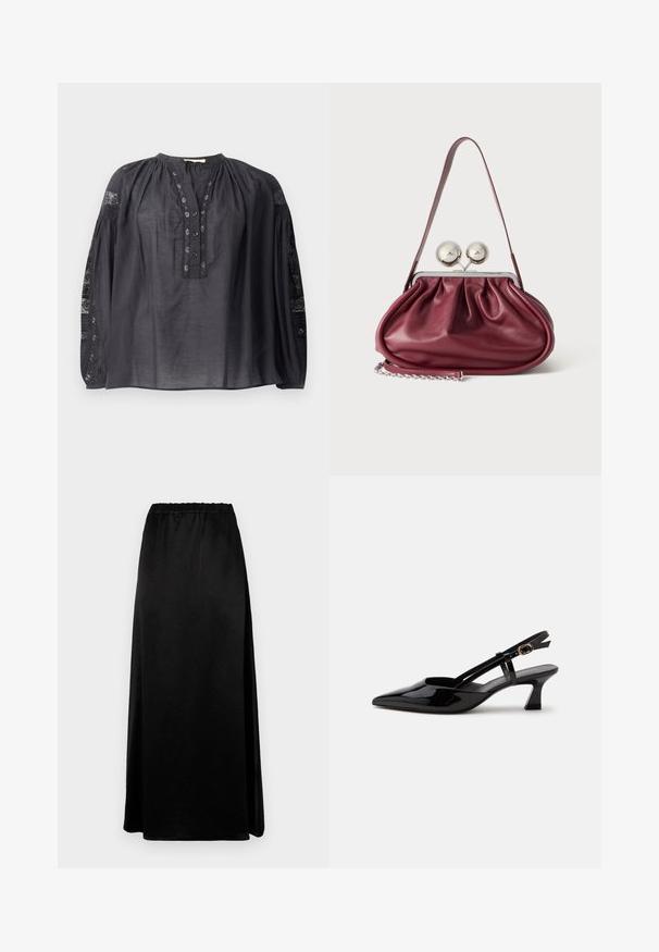 Blouse noire à manches longues en tissu léger, avec une patte de boutonnage devant, un col plissé et des accents en dentelle sur les manches.; Jupe longue noire avec une texture lisse et froissée, dotée d'une taille élastique. Présente une fente sur le côté pour plus de liberté de mouvement et une silhouette élégante.; Chaussure slingback en cuir verni noir à petit talon, bout pointu et bride réglable avec boucle dorée sur fond blanc.; Petit sac à main en cuir bordeaux avec des détails froncés, une fine bandoulière et une fermeture argentée comportant deux gros boutons ronds.