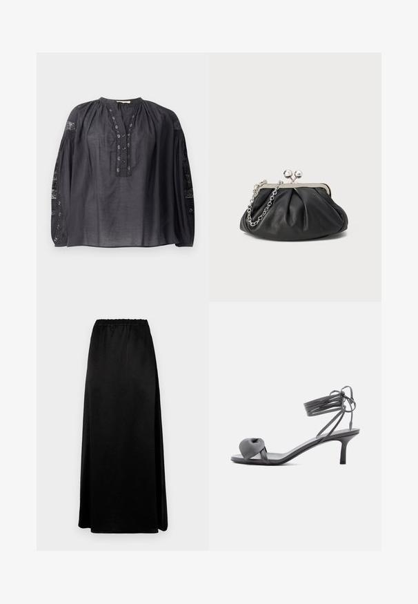 Zwarte blouse met lange mouwen, gemaakt van lichtgewicht stof, met een knopsluiting aan de voorkant, een geplooide halslijn en kanten accenten op de mouwen.; Lange zwarte rok met een gladde, gekreukte textuur en een elastische tailleband. Voorzien van een zijsplit voor gemakkelijke beweging en een slanke silhouette.; Grijze leren sandaal met hak, voorzien van een geknoopte band bij de tenen en wikkellinten rond de enkel op een slanke sandaal met een middenhoge hak, tegen een witte achtergrond.; Zwarte leren clutch met geplooide textuur, zilverkleurig metalen frame, drukknopsluiting en kettingriem. Glad, zacht oppervlak.
