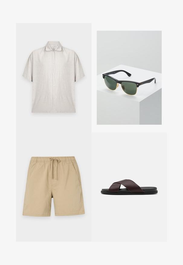 Lysebeige kortærmet skjorte lavet af blødt stof. Den har en klassisk krave og en knaplukning foran med syv knapper.; Beige shorts lavet af bomuld med elastisk talje, snoretræk og sidelommer. Glat tekstur og længde over knæet.; Brun, krydsrem slide sandal med mat finish, flad sort sål og glat tekstur. Minimalistisk design uden synligt hardware.; Ray-Ban solbriller med grønne linser, sorte plastikstel og gyldne detaljer ved kanterne. Firkantet form med mat finish.