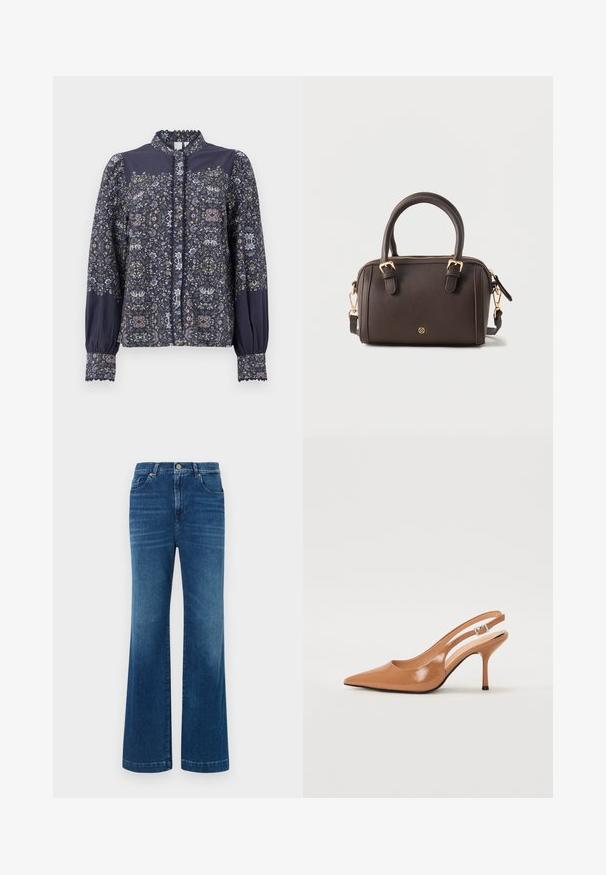 Blusa de botón de manga larga con un patrón floral oscuro, yugo y mangas en azul marino sólido, cuello alto y borde de encaje en los puños y el escote.; Jeans de mezclilla azul de pierna ancha con una cintura alta, cinco bolsillos y un cierre de botón clásico. La tela tiene una textura suave y ligeramente deslavada.; Zapato de tacón tipo slingback con punta afilada en un material suave y brillante de color marrón. Presenta un diseño con corte curvado y un tacón de aguja delgado. Detalle de hebilla plateada.; Bolso de mano de cuero marrón oscuro con dos asas superiores, correa de hombro desmontable, hebillas de tono dorado, cierre de cremallera y pequeño logotipo circular en la parte delantera.
