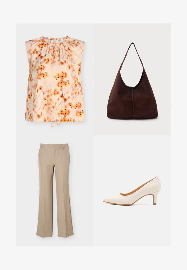 Mouwloze beige blouse met geplooide halslijn, oranje bloemenprint en een aantrekkoord aan de zoom.; Beige damesbroek met riemlussen, een voorvouw en een rechte wijde pijp op een effen witte achtergrond.; Witte leren hoge hak met een puntige neus en een slanke, licht hellende hak. Gladde textuur met een minimalistisch ontwerp en een tan gekleurde zool.; Bruine suède hobo tas met een grote, gebogen opening en een brede schouderband. Heeft een centrale naad aan de voorkant. Glad van structuur.