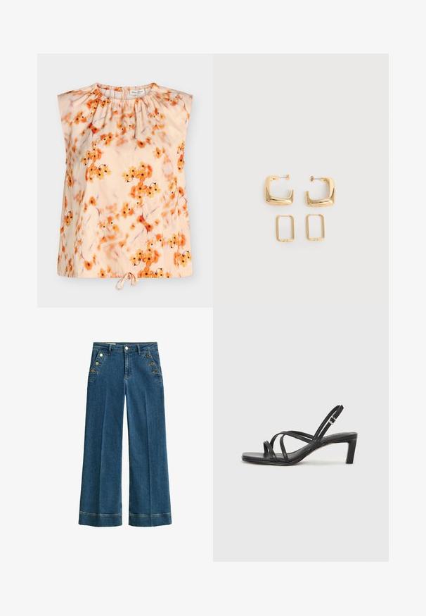 Blouse beige sans manches avec encolure froncée, imprimé floral orange et lien coulissant à l'ourlet.; Jean en denim bleu à taille haute, jambe large, avec des détails de boutons latéraux à l'avant et des poches avant inclinées, doté de passants pour ceinture et d'ourlets cousus.; Sandale noire à lanières avec un bout carré et un petit talon bloc. Elle présente plusieurs fines lanières et une sangle de cheville ajustable. Fabriquée en cuir lisse.; Deux paires de Boucles d'oreilles créoles géométriques dorées sur une surface blanche unie, une paire carrée et pleine, une paire rectangulaire et creuse.