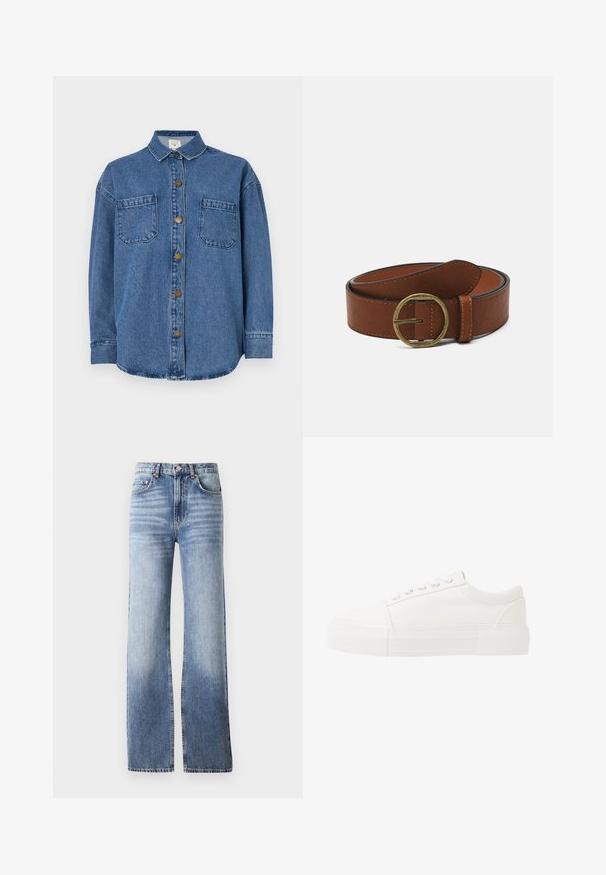Denimskjorte i medium blå, med knaplukning foran, to brystlommer og krave. Lange ærmer med knapmanchetter.; Lysblå denimjeans med høj talje, bred bukseben og subtilt slid. Har knaplukning og fem-lomme design.; Hvide lærreds sneakers med en tykk, hvid gummisål, der har en rund tå og et klassisk snørebånddesign med fem øjekroge.; Brun læderbælte med en rund messingspænde, der har en glat overflade og kontrasterende syninger langs kanterne.