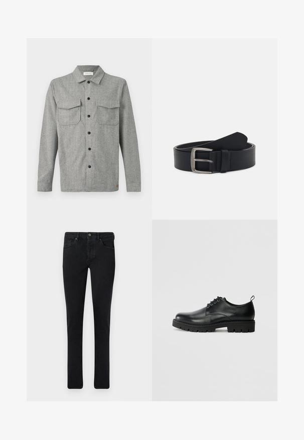 Graue Herringbone-Hemdjacke mit langen Ärmeln, schwarzen Knöpfen, zwei Fronttaschen mit Klappen und einem kleinen Markenzeichen nahe dem Saum.; Dunkelblaue Jeans im Slim-Fit-Schnitt, mit Fünf-Taschen-Design und metallischem Knopfverschluss. Glatte Textur und gleichmäßige Farbe.; Schwarze Lederschuhe mit runder Zehenform, ausgestattet mit einer Schnürung, robustem schwarzen Gummisohle und einer kleinen Fersenschlaufe auf der Rückseite.; Schwarzer Ledergürtel mit einer silbernen Metallschnalle, verfügt über eine glatte Oberfläche und ein klassisches Design. Der Gürtel ist aufgerollt, mit dem Ende nach oben gerichtet.