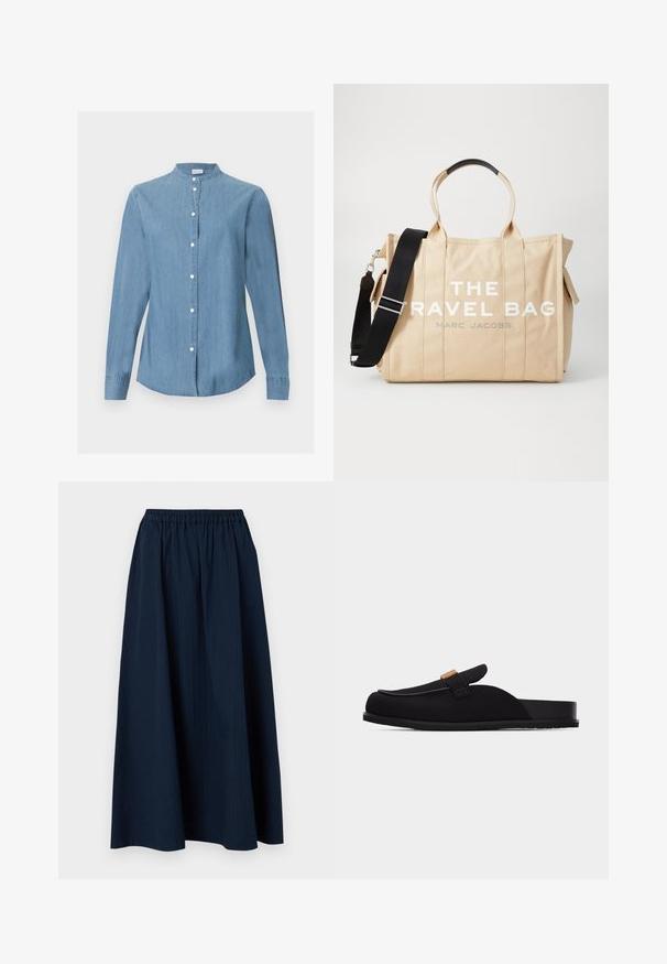Chemise en jean bleu clair à manches longues avec un col Mao et une fermeture à boutons blancs à l'avant.; Jupe longue bleu marine en tissu texturé, avec une taille élastique et de subtils rayures verticales.; Mocassin noir à enfiler avec une semelle plate et une bride décorative avec une petite boucle dorée.; Sac de voyage en toile beige avec des poignées noires et une bandoulière amovible. Présente un grand texte blanc : "LE SAC DE VOYAGE" sur le devant.