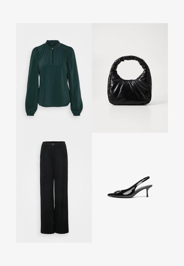 Donkergroene blouse met een hoge gerimpelde halslijn, een sleutelgatopening en lange poffende mouwen. Gemaakt van een gladde, lichte stof.; Zwarte wijde broek met een gladde textuur, voorzien van een knoopsluiting en voorzakken. Klassiek en veelzijdig ontwerp geschikt voor verschillende gelegenheden.; Zwarte gepatineerde leren slingback hakken met een puntige neus en een glanzende afwerking. Heeft een slanke hak en een ronde accent op de bovenkant.; Zwarte gevoerde handtas met een ronde handgreep, met een gladde, glanzende oppervlakte en een zachte, gewatteerde textuur. Geen zichtbare metalen onderdelen of accenten.