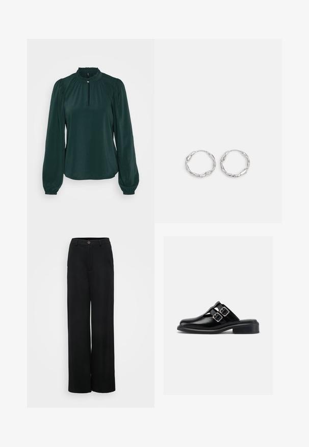 Blouse vert foncé avec un col froncé haut, une ouverture en forme de trou de serrure et de longues manches bouffantes. Fabriquée à partir d'un tissu lisse et léger.; Pantalons noirs à jambes larges avec une texture lisse, dotés d'une fermeture à bouton et de poches avant. Design classique et polyvalent, idéal pour diverses occasions.; Chaussure à enfiler en cuir noir avec deux boucles argentées, côtés ouverts, bout rond et talon bas empilé, montrée de profil sur fond blanc.; Boucles d'oreilles en argent en forme de créole, avec une texture ondulante et irrégulière. Présente une forme circulaire mince et une finition réfléchissante.