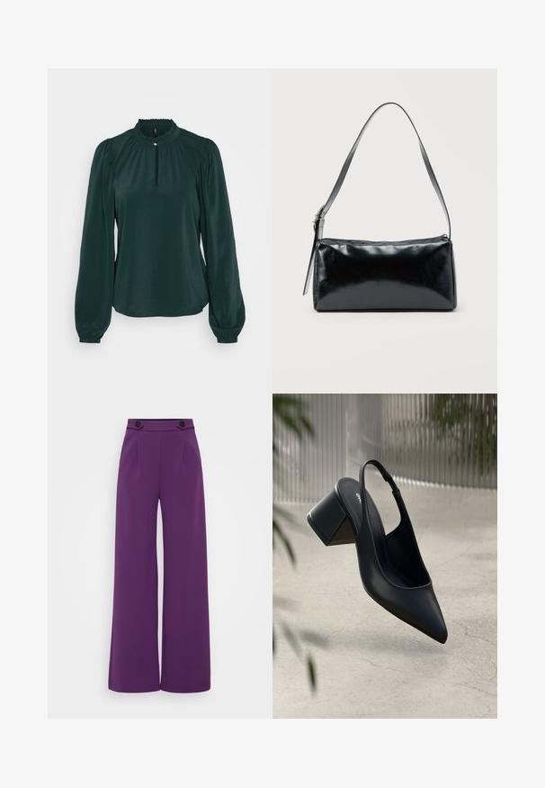 Blouse vert foncé avec un col froncé haut, une ouverture en forme de trou de serrure et de longues manches bouffantes. Fabriquée à partir d'un tissu lisse et léger.; Pantalons évasés d'une couleur violette vive, fabriqués en tissu lisse avec une taille ajustée comportant deux boutons noirs et des plis à l'avant.; Escarpin noir en cuir avec un bout pointu et un talon bloc. Texture lisse, design minimaliste et bride de cheville réglable.; Sac d'épaule rectangulaire noir avec une sangle réglable unique et une fermeture éclair supérieure sur un fond uni.