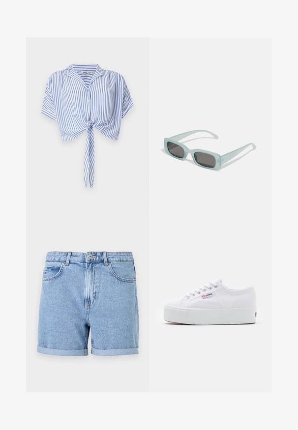 Crop top à manches courtes rayé vertical bleu et blanc, avec boutons, col et détail de nœud à l'avant.; Shorts en denim bleu clair, avec un ourlet roulé, des poches standard et une fermeture à bouton à l'avant. Texture douce avec une finition légèrement délavée.; Baskets en toile blanches avec une épaisse semelle plateforme blanche, bout rond et œillets en métal pour les lacets. Logo de la marque affiché sur le côté.; Une paire de lunettes de soleil rectangulaires avec des montures translucides bleu clair et des verres gris foncé, présentant des branches droites et des détails matériels minimaux.
