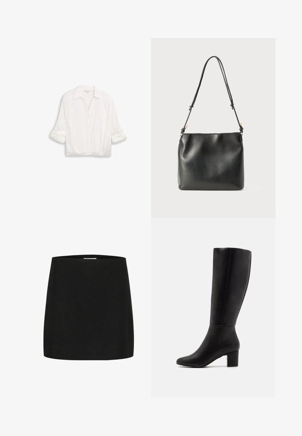 Blusa blanca de manga larga con cuello, botones en frente y mangas remangadas, exhibida sobre un fondo liso.; Minifalda negra hecha de un tejido texturizado, con un corte simple y recto, sin adornos ni patrones visibles.; Anna Field by Zalando Botas - black; Bolso de mano de cuero negro con una textura suave, que presenta una sola correa ajustable y un detalle fruncido en la parte superior.