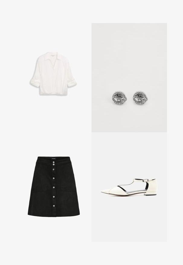 Blouse blanche à manches longues avec col, boutons sur le devant et manches retroussées, présentée sur un fond uni.; Jupe noire trapèze avec fermeture à boutons sur le devant et deux poches plaquées, dotée d'une ceinture étroite et d'une texture de tissu lisse.; Chaussure plate blanche à bout pointu avec lanière en T et boucle à la cheville, talon bas, et côtés découpés, présentée sur un fond neutre.; Boucles d'oreilles en argent avec des designs découpés intriqués, entourés de petits cristaux clairs, mettant en valeur un motif floral décoratif.
