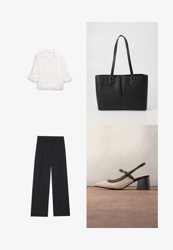 Blouse blanche à manches longues avec col, boutons sur le devant et manches retroussées, présentée sur un fond uni.; Pantalon large noir avec une texture lisse, comportant deux plis à l'avant, une ceinture, et sans matériel ou poches visibles.; Chaussure beige à talons hauts avec bride arrière, bout pointu, bordure noire et détail boucle. Matériau lisse à finition mate, talon moyen épais.; Sac fourre-tout noir en simili cuir avec une finition texturée, deux longues poignées et des accents en métal doré sur le côté. Shape rectangulaire.