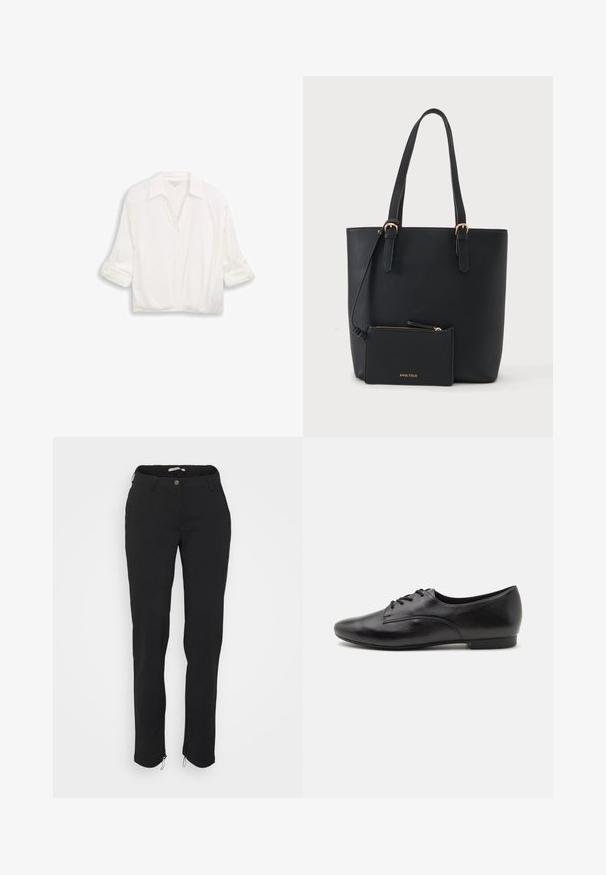 Hvid langærmet bluse med krave, knapper ned foran, og opkrøllede ærmer, præsenteret mod en ensfarvet baggrund.; Sorte bukser med slim fit, fremstillet af strækstof, med knaplukning og lynlåse ved anklen for justerbar pasform.; Sorte lædersko med snørebånd, glat overflade, rund tå, lav hæl og enkelt design. Sidebillede der fremhæver den slanke form og syninger.; Sort læder tote taske med to håndtag og en matchende lille lynlåspung, fastgjort og mærket Anna Field med guldbogstaver.